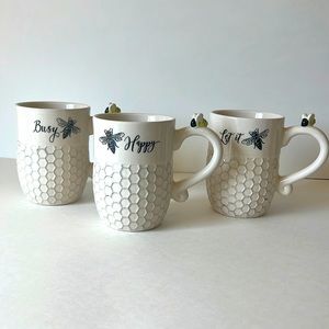 Set 3- Bee Honeycomb Coffee Mugs “Let It Be” “Happy” “Busy” Bee